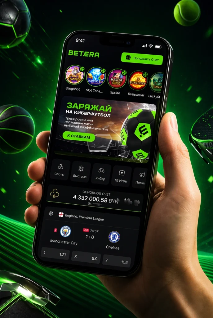Мобильное приложение Betera на смартфоне с интерфейсом для ставок, коэффициентами на матчи в режиме реального времени и балансом в белорусской валюте